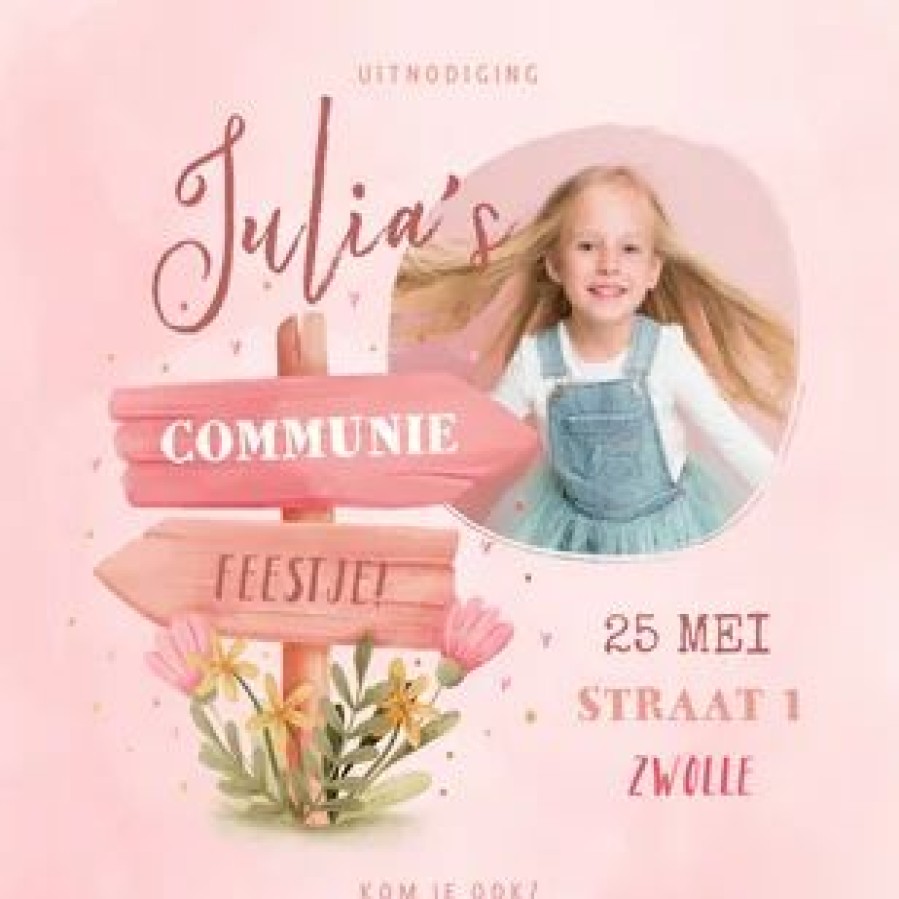 Communiekaarten | Kaarten Kaartje2go Communiekaart Wegwijzer Met Foto, Bloemen En Hartjes