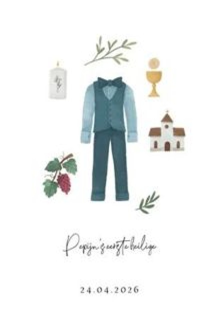 Communiekaarten | Kaarten Kaartje2go Communiefeest Outfit Illustraties Uitnodiging Jongen Kerk