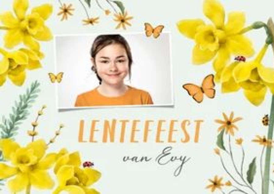 Communiekaarten | Kaarten Kaartje2go Uitnodiging Lentefeest Lente Bloemen Narcissen Vlinders