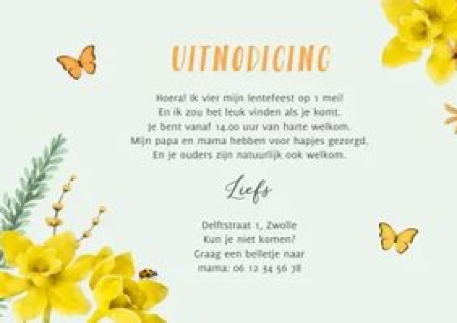 Communiekaarten | Kaarten Kaartje2go Uitnodiging Lentefeest Lente Bloemen Narcissen Vlinders