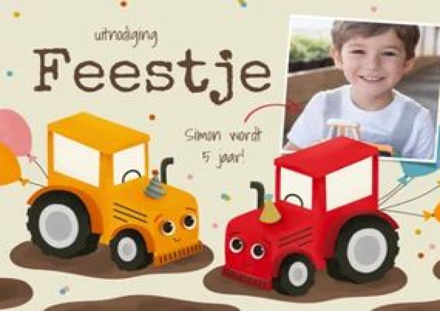 Kinderfeestjes | Kaarten Kaartje2go Vrolijke Uitnodiging Kinderfeestje Rode En Gele Tractors