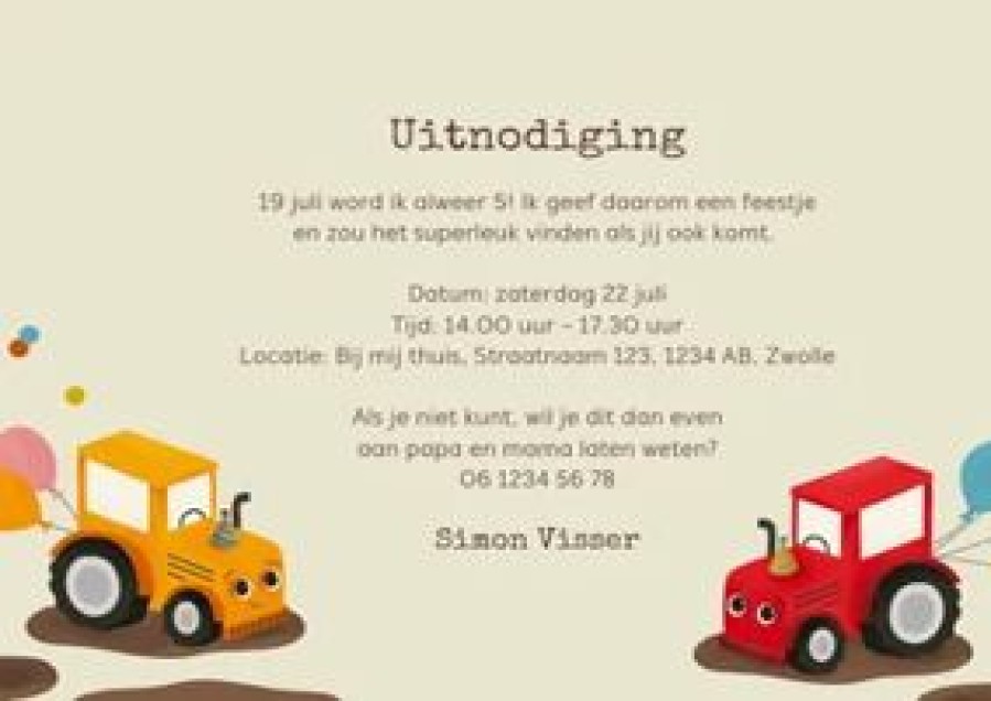 Kinderfeestjes | Kaarten Kaartje2go Vrolijke Uitnodiging Kinderfeestje Rode En Gele Tractors