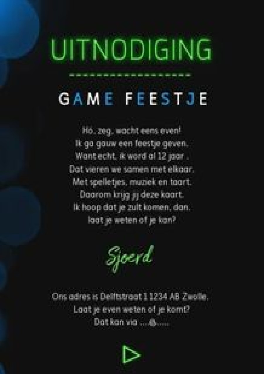 Kinderfeestjes | Kaarten Kaartje2go Kinderfeestje Uitnodiging Game Party Neon