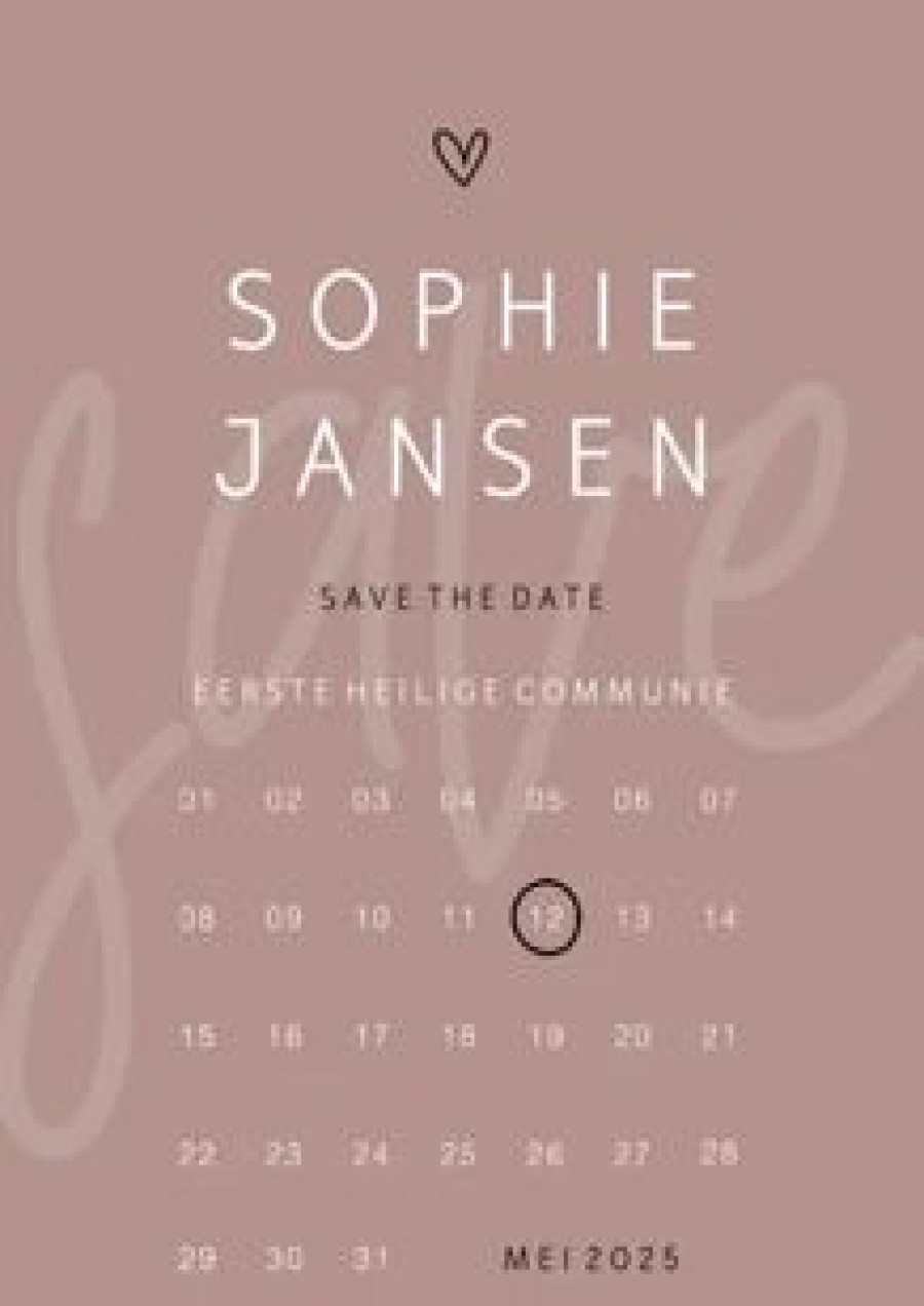 Communiekaarten | Kaarten Kaartje2go Communie Save The Date Minimalistisch Met Hartje Kalender