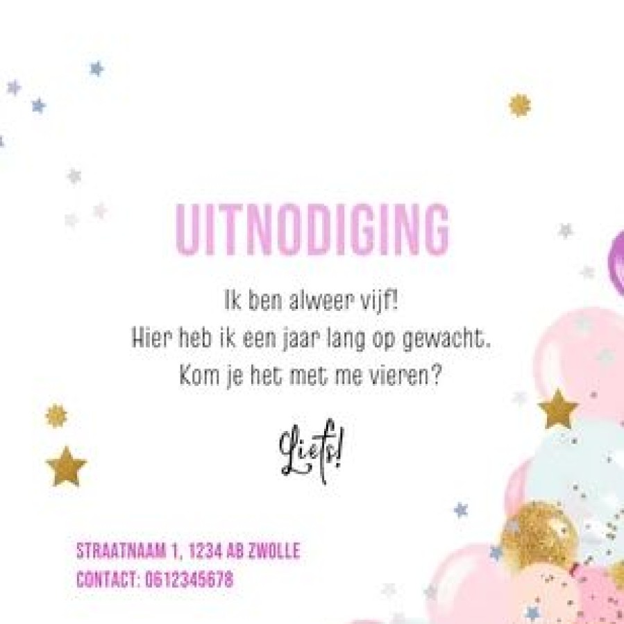 Kinderfeestjes | Kaarten Kaartje2go Feestelijke Uitnodiging Kinderfeestje 5Jaar Ster Ballonnen