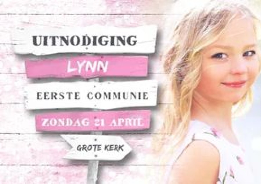 Communiekaarten | Kaarten Kaartje2go Uitnodiging Wegwijzer Eerste Communie Roze Met Foto