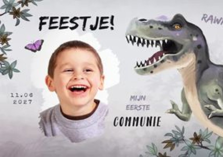 Communiekaarten | Kaarten Kaartje2go Uitnodiging Communiefeest Jongen T-Rex Dino Jungle