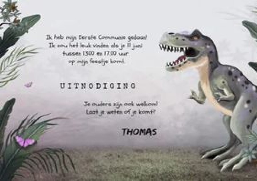 Communiekaarten | Kaarten Kaartje2go Uitnodiging Communiefeest Jongen T-Rex Dino Jungle