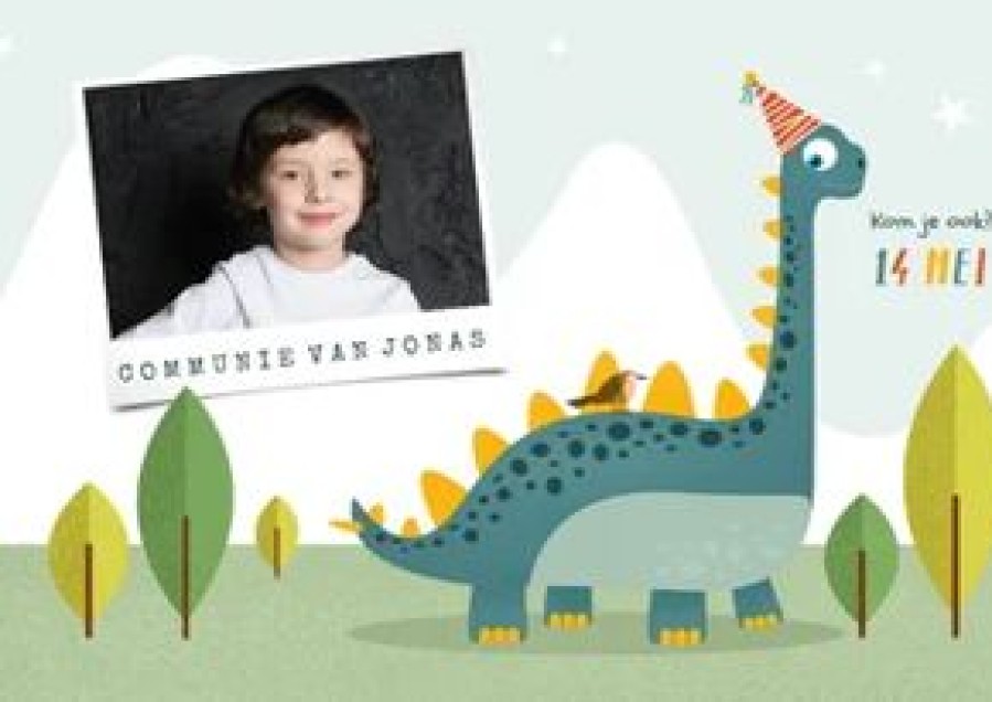 Communiekaarten | Kaarten Kaartje2go Communie Dino Feest Vrolijk Fotokaart Brachiosaurus