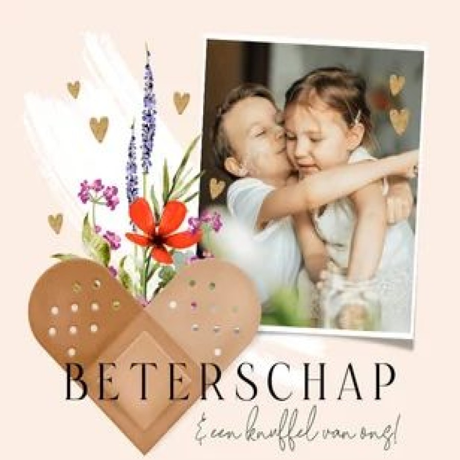 Beterschapskaarten | Kaarten Kaartje2go Stijlvolle Beterschapskaart Pleister Hart Bloemen Foto Goud