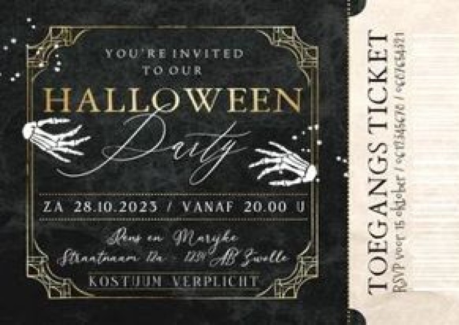 Uitnodigingen | Kaarten Kaartje2go Halloweenfeest Uitnodiging Ticket Skelethand Goud