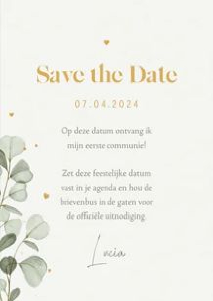 Communiekaarten | Kaarten Kaartje2go Communiefeest Save The Date Eucalyptus Goud Stijlvol Hartjes