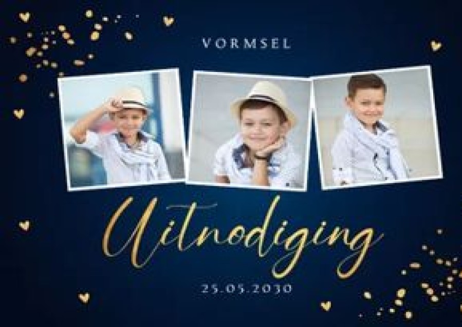 Communiekaarten | Kaarten Kaartje2go Uitnodiging Vormsel Fotocollage Blauw Goudlook