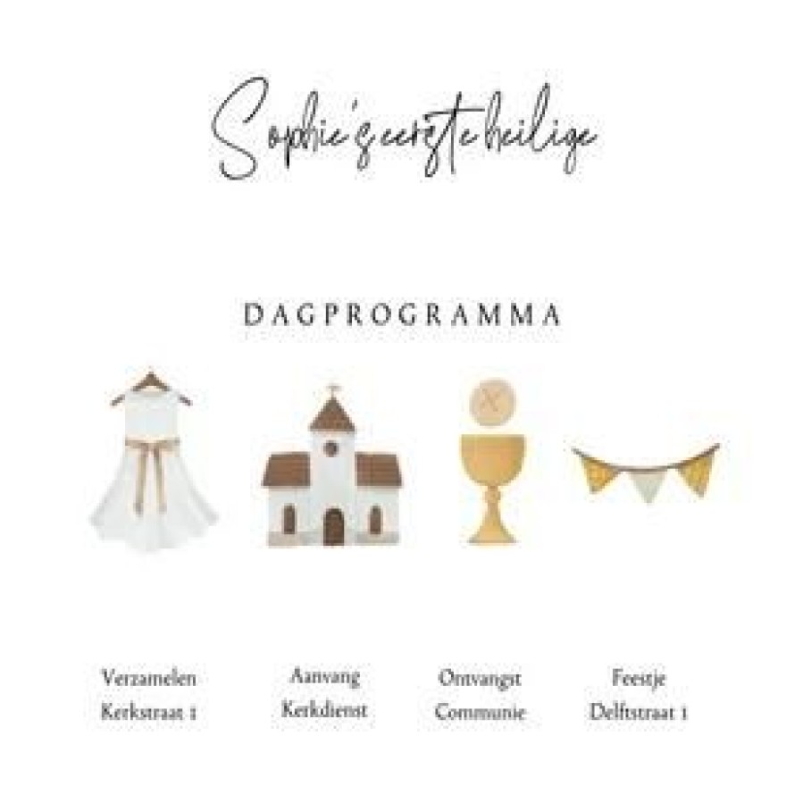 Communiekaarten | Kaarten Kaartje2go Dagprogramma Tijdlijn Communie Feestje Goud Illustraties