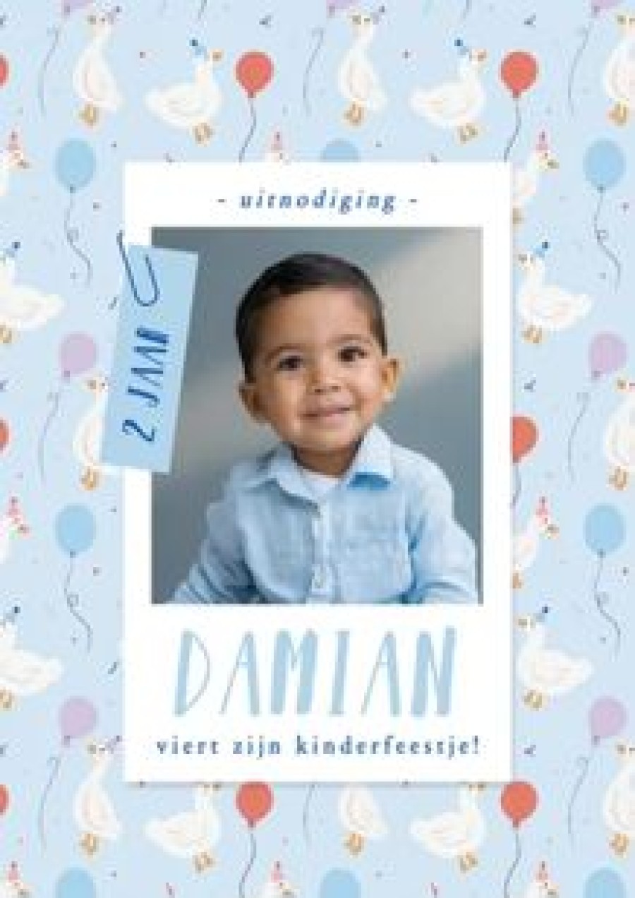 Kinderfeestjes | Kaarten Kaartje2go Vrolijk Blauw Kinderfeestje Uitnodiging Met Foto En Eendjes