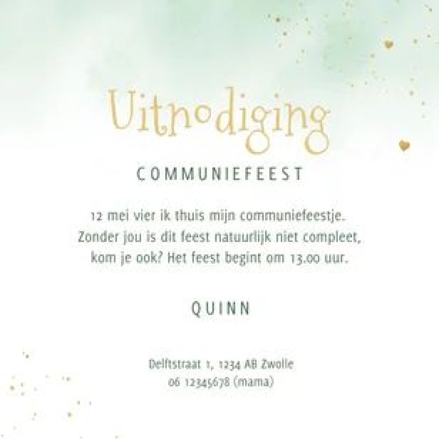 Communiekaarten | Kaarten Kaartje2go Uitnodiging Communie Waterverf Takjes Goud Hartjes Foto