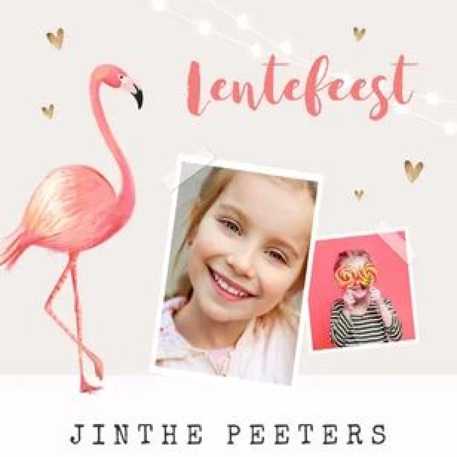 Communiekaarten | Kaarten Kaartje2go Uitnodiging Lentefeest Meisje Flamingo Gouden Hartjes