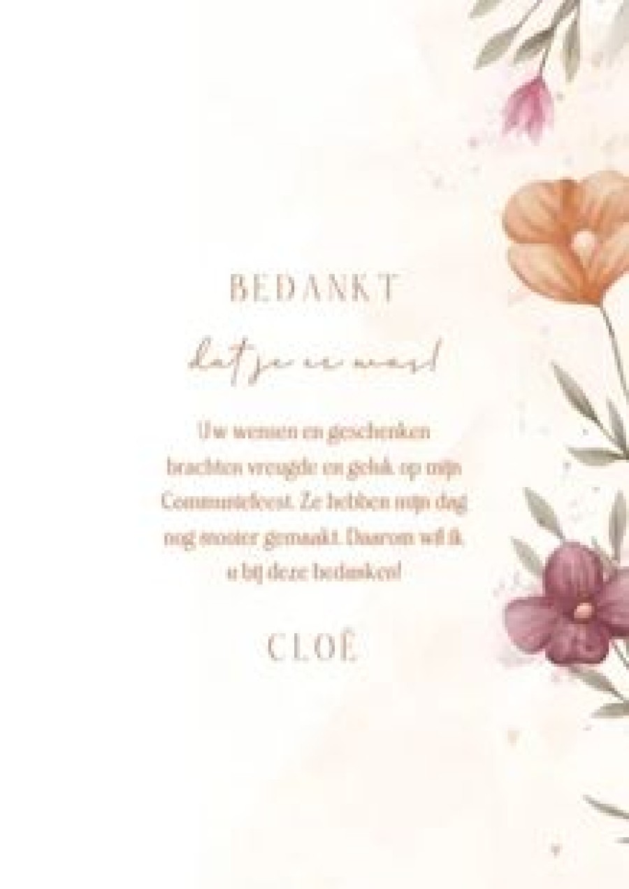 Communiekaarten | Kaarten Kaartje2go Bedankkaart Communie Waterverf Bloemen Met Koperen Hartjes