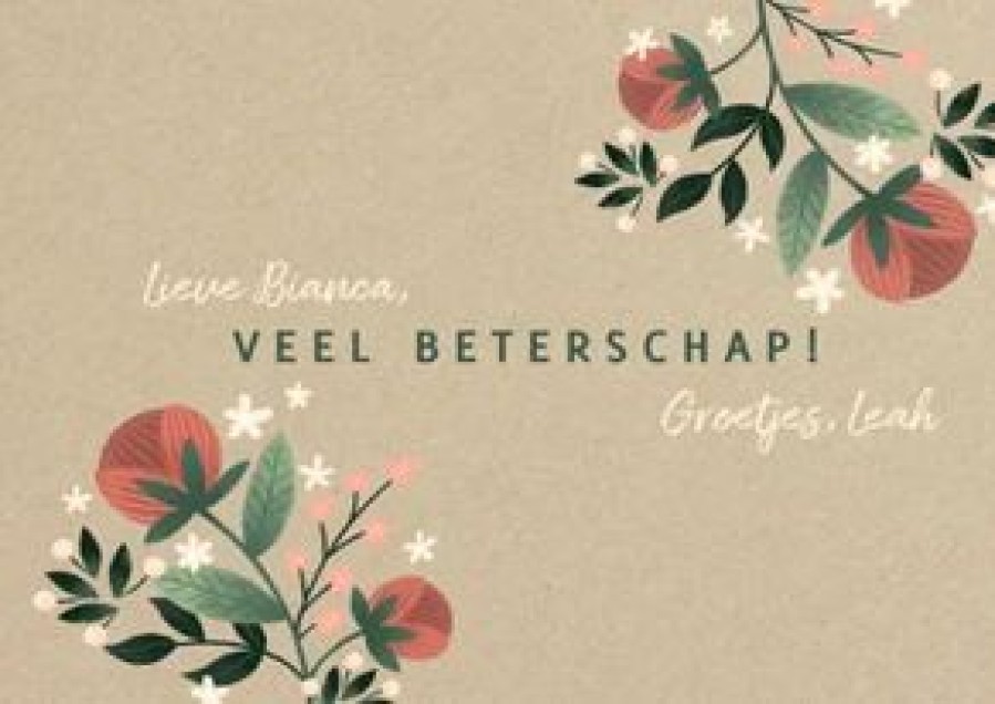 Beterschapskaarten | Kaarten Kaartje2go Stijlvolle Beterschapskaart Met Bloemen En Kraft