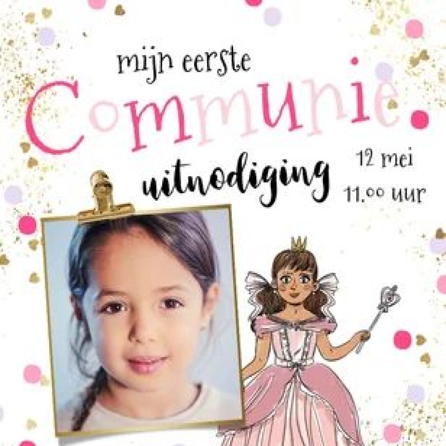 Communiekaarten | Kaarten Kaartje2go Communie Uitnodiging Prinses Confetti Gouden Hartjes