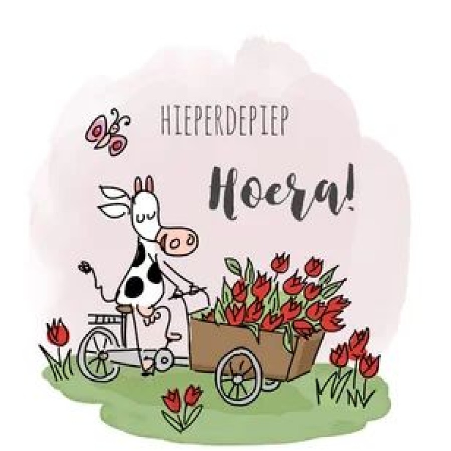 Verjaardagskaarten | Kaarten Kaartje2go Felicitatiekaart Met Koe Op Een Bakfiets Met Tulpen