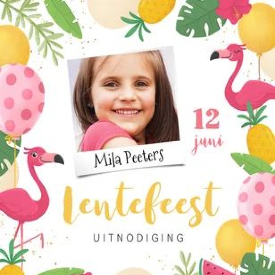 Communiekaarten | Kaarten Kaartje2go Lentefeest Uitnodiging Flamingo Tropisch Ananas Foto