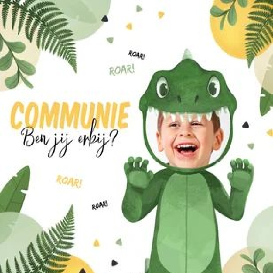 Communiekaarten | Kaarten Kaartje2go Communie Uitnodiging Dinosaurus Kostuum Stoer Jungle