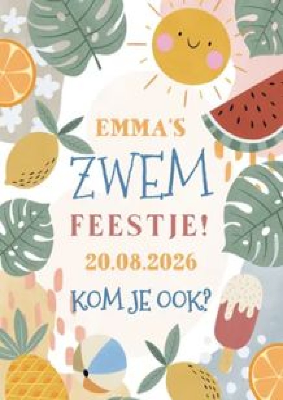 Kinderfeestjes | Kaarten Kaartje2go Kinder- Zwemfeestje Uitnodiging Tropisch Met Fruit