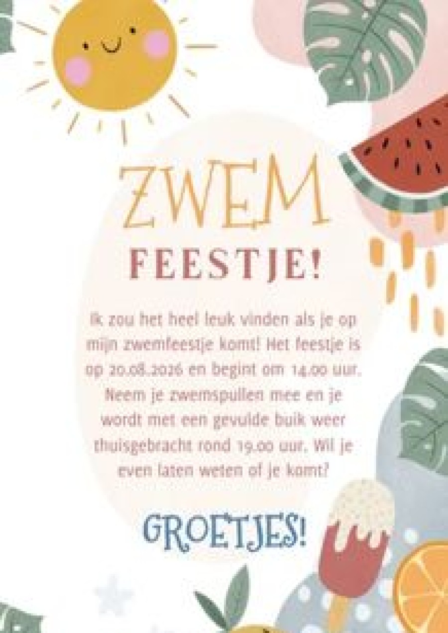 Kinderfeestjes | Kaarten Kaartje2go Kinder- Zwemfeestje Uitnodiging Tropisch Met Fruit