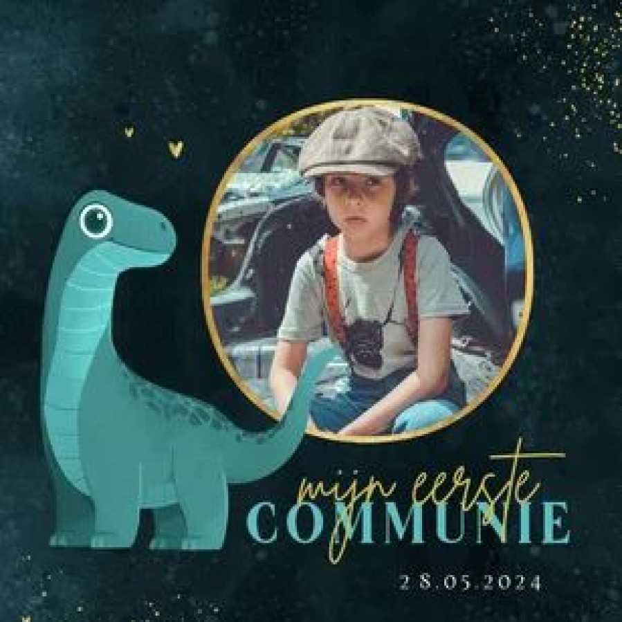 Communiekaarten | Kaarten Kaartje2go Communie Jongen Dino Brontosaurus Goud Hartjes