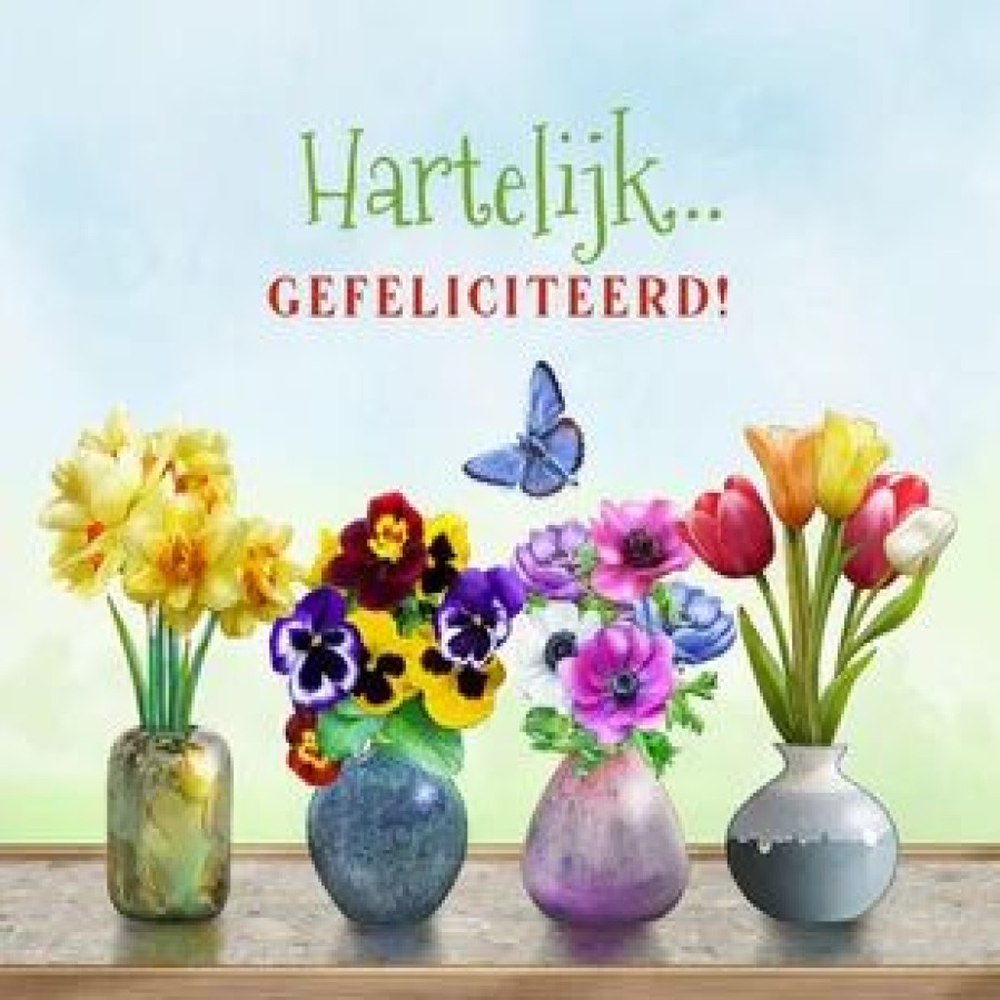 Verjaardagskaarten | Kaarten Kaartje2go Vrolijke Verjaardagskaart 4 Vaasjes Lentebloemen