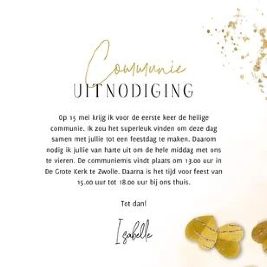 Communiekaarten | Kaarten Kaartje2go Stijlvolle Communiekaart Waterverf Confetti Goud Foto