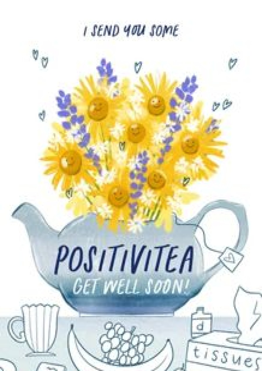 Beterschapskaarten | Kaarten Kaartje2go Beterschapskaart Positivitea Bloemen Theepot Illustratie