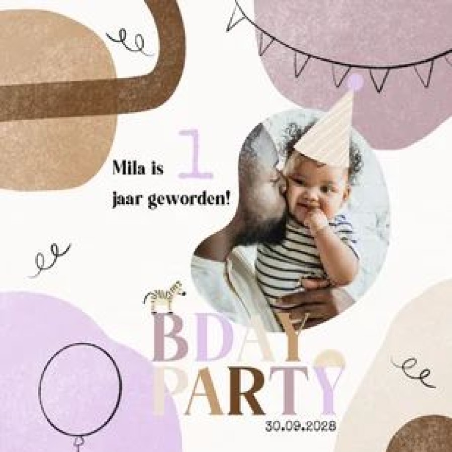 Kinderfeestjes | Kaarten Kaartje2go Abstracte Uitnodiging Kinderfeestje Trend Lila Beige Foto