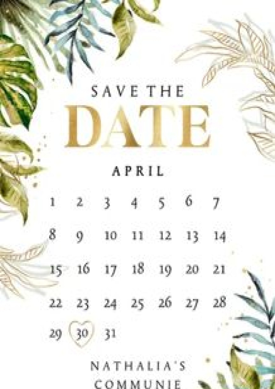 Communiekaarten | Kaarten Kaartje2go Communie Save The Date Kalender Botanisch Watercolour Goud