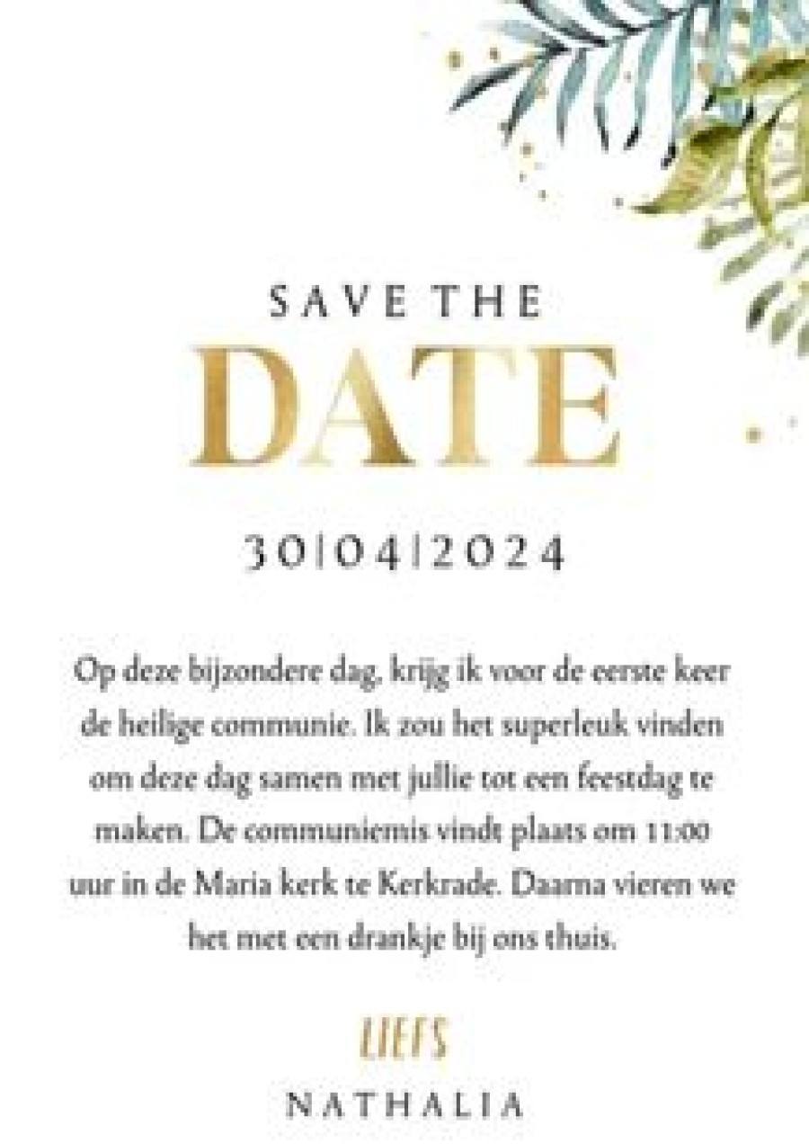 Communiekaarten | Kaarten Kaartje2go Communie Save The Date Kalender Botanisch Watercolour Goud