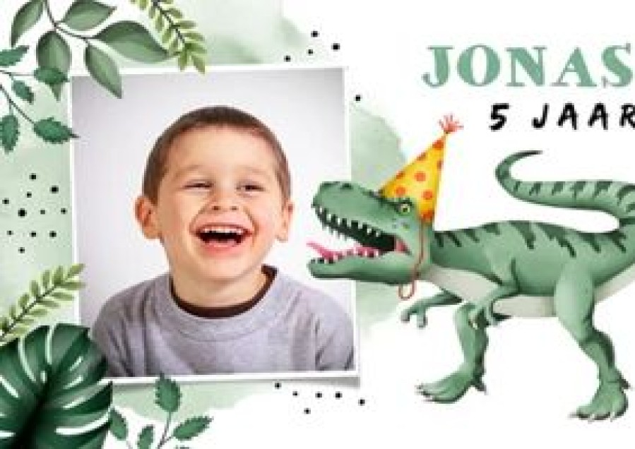 Kinderfeestjes | Kaarten Kaartje2go Kinderfeest Uitnodiging Stoer Met T-Rex En Eigen Foto