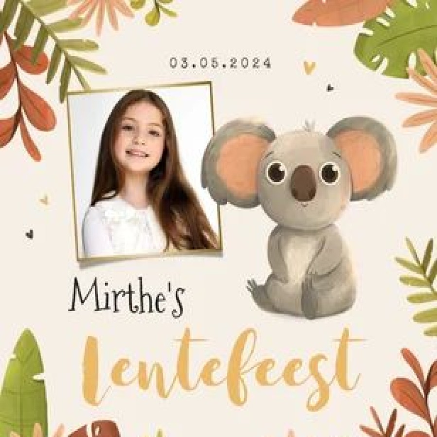 Communiekaarten | Kaarten Kaartje2go Lentefeest Koala Jungle Foto Bladeren Hartjes Uitnodiging