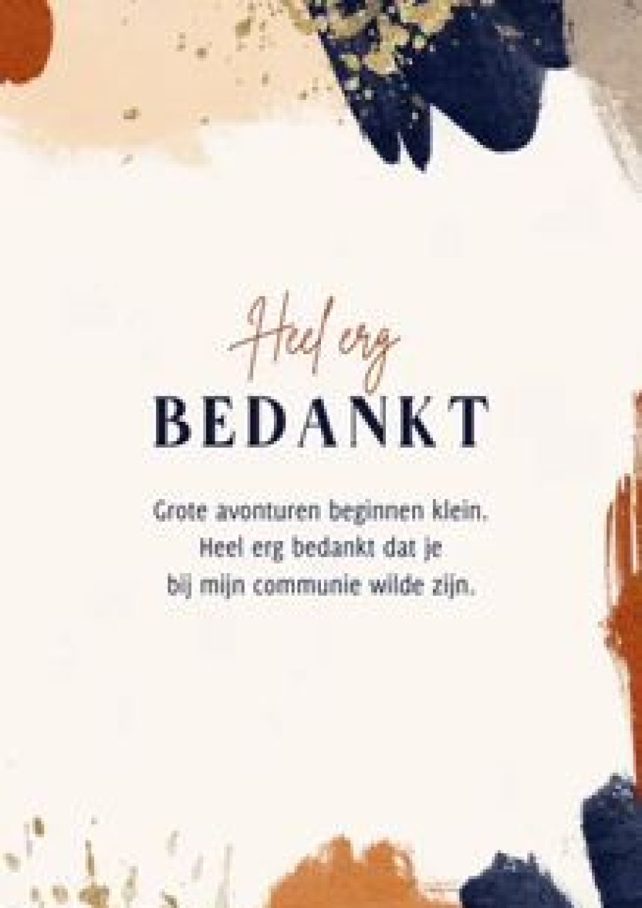 Communiekaarten | Kaarten Kaartje2go Bedankkaart Communiefeest Verf Terra Cotta Blauw Goud Foto