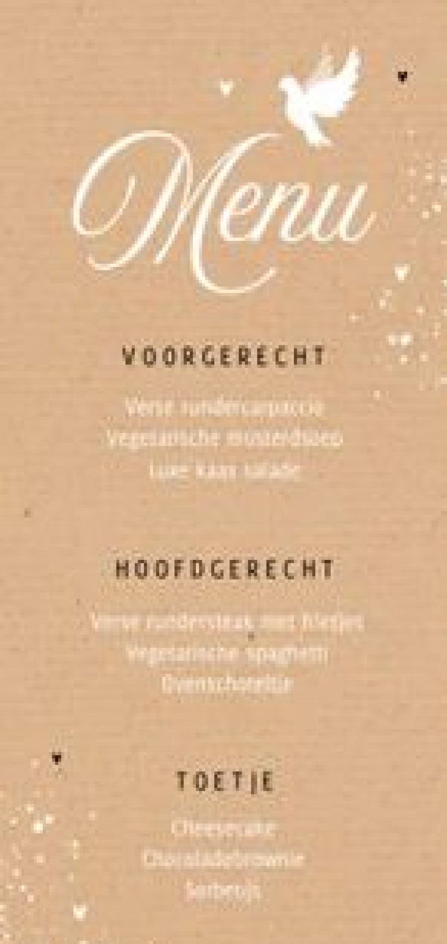 Communiekaarten | Kaarten Kaartje2go Communiefeest Menu Kraftpapier Duif Hartjes Foto