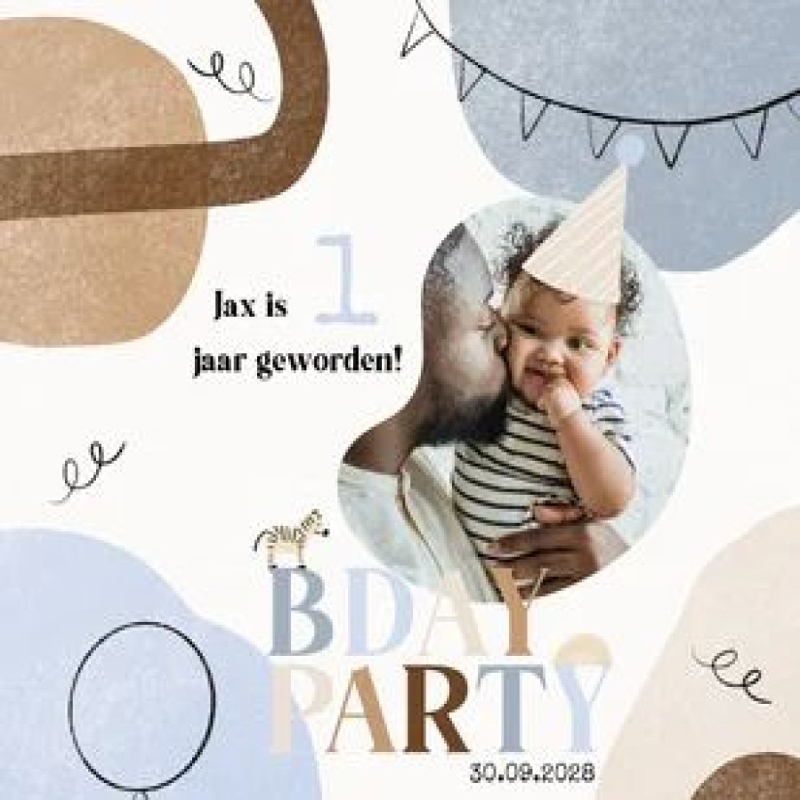 Kinderfeestjes | Kaarten Kaartje2go Abstracte Uitnodiging Kinderfeestje Trend Blauw Beige Foto