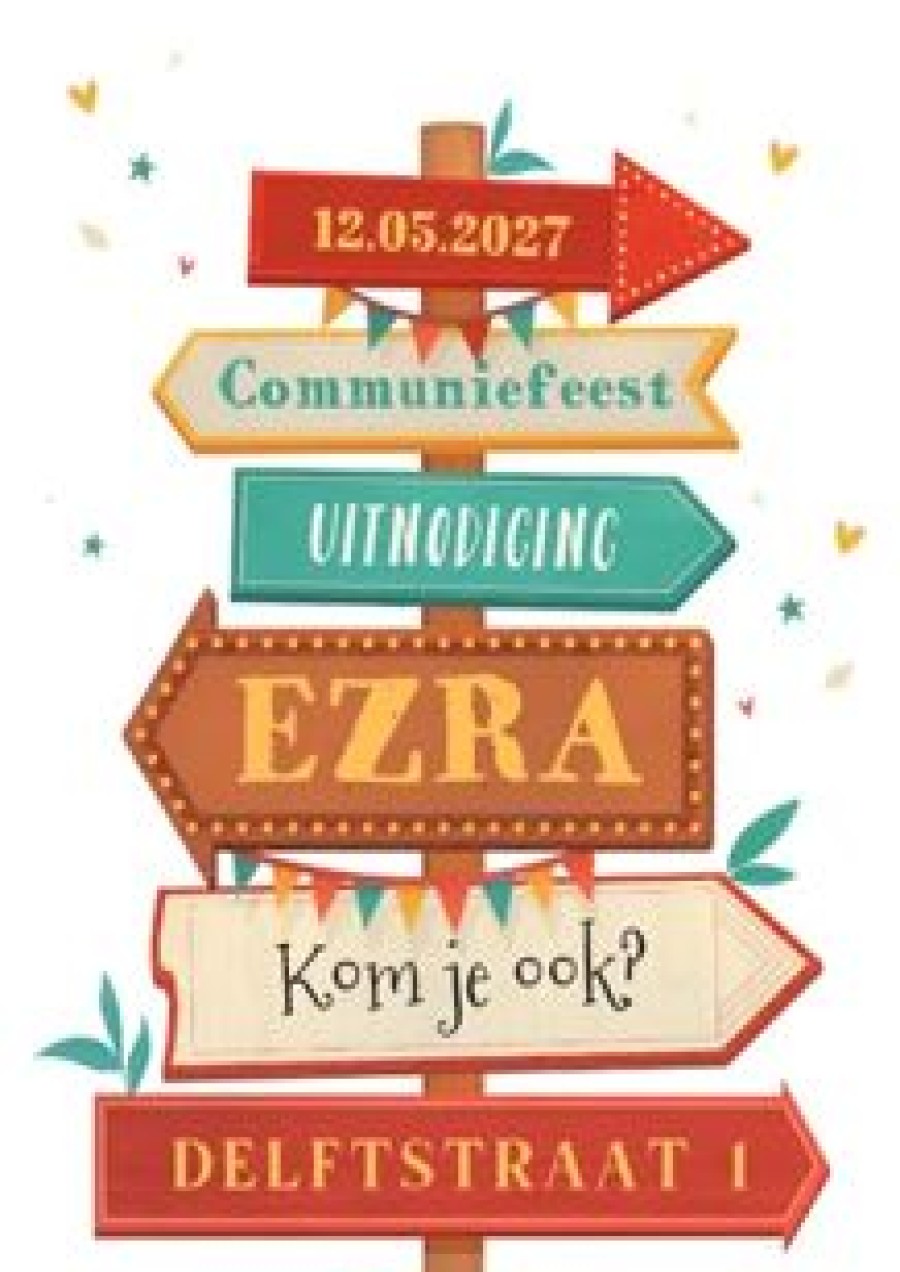 Communiekaarten | Kaarten Kaartje2go Uitnodiging Communiefeest Lentefeest Wegwijzers Vrolijk