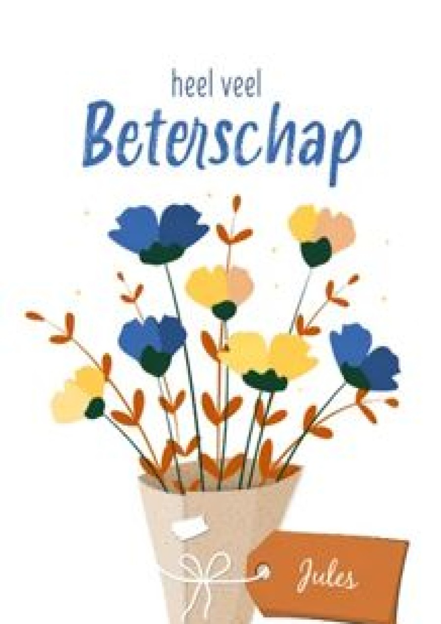 Beterschapskaarten | Kaarten Kaartje2go Beterschapskaart Boeket Gele En Blauwe Bloemen Met Naamlabel