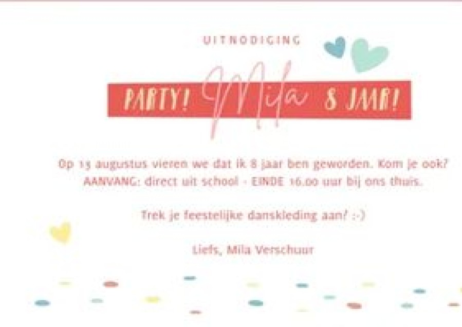 Kinderfeestjes | Kaarten Kaartje2go Feestelijke Uitnodiging Kinderfeestje Met Feestende Hartjes