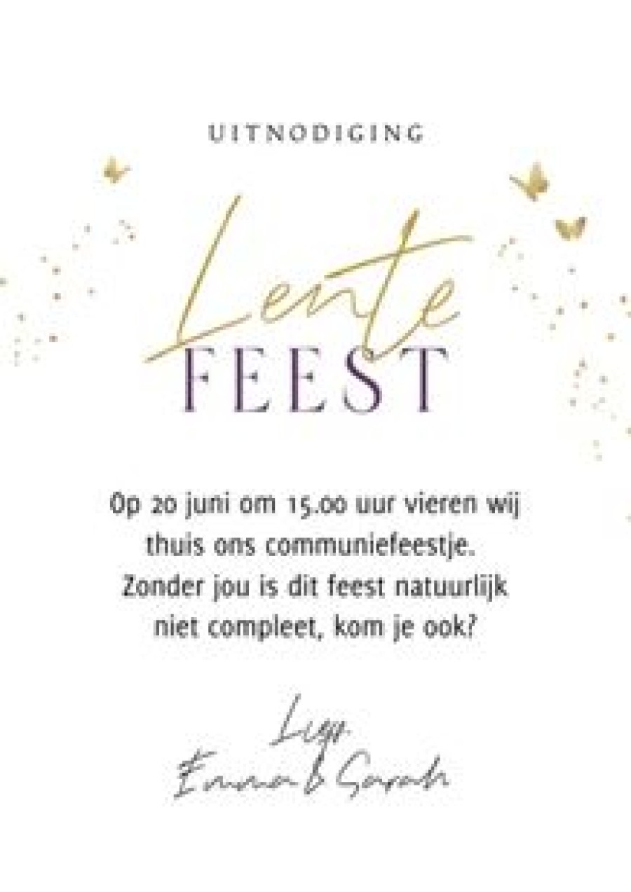 Communiekaarten | Kaarten Kaartje2go Uitnodiging Lentefeest Collage Watercolour Vlinder Goud