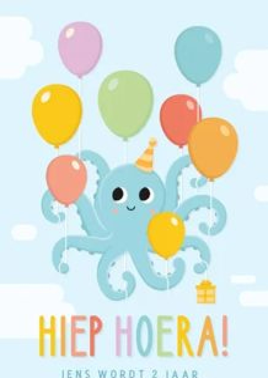 Kinderfeestjes | Kaarten Kaartje2go Vrolijke Uitnodiging Kinderfeestje Met Octopus Met Ballonnen