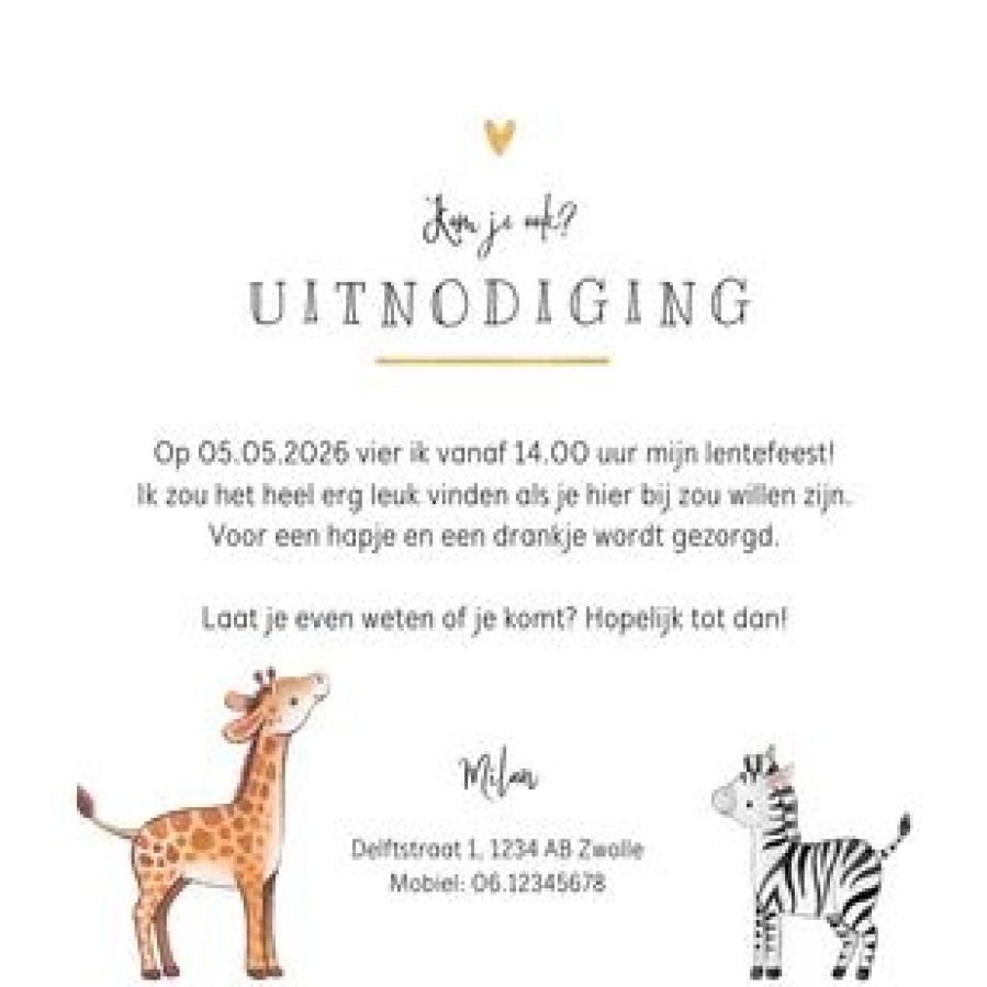 Communiekaarten | Kaarten Kaartje2go Lentefeest Giraf Zebra Hartjes Goud Lief Uitnodiging