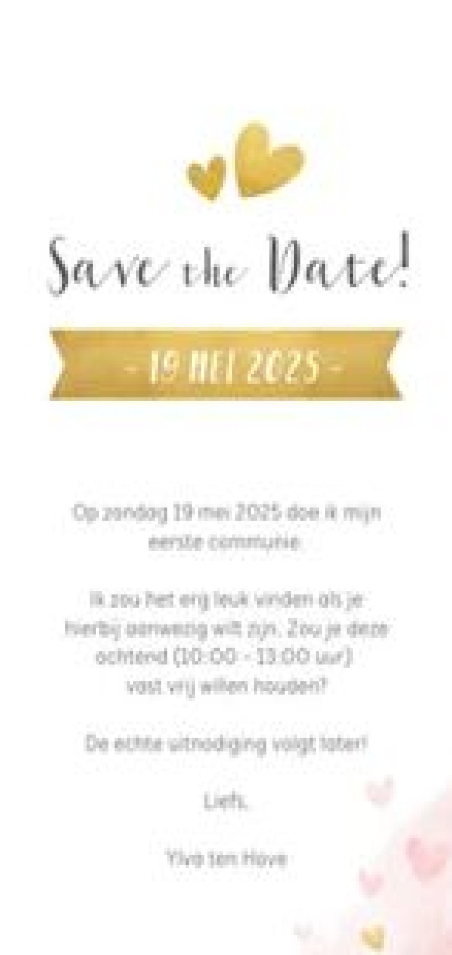 Communiekaarten | Kaarten Kaartje2go Communie Save The Date Kaart Met Gouden En Roze Hartjes