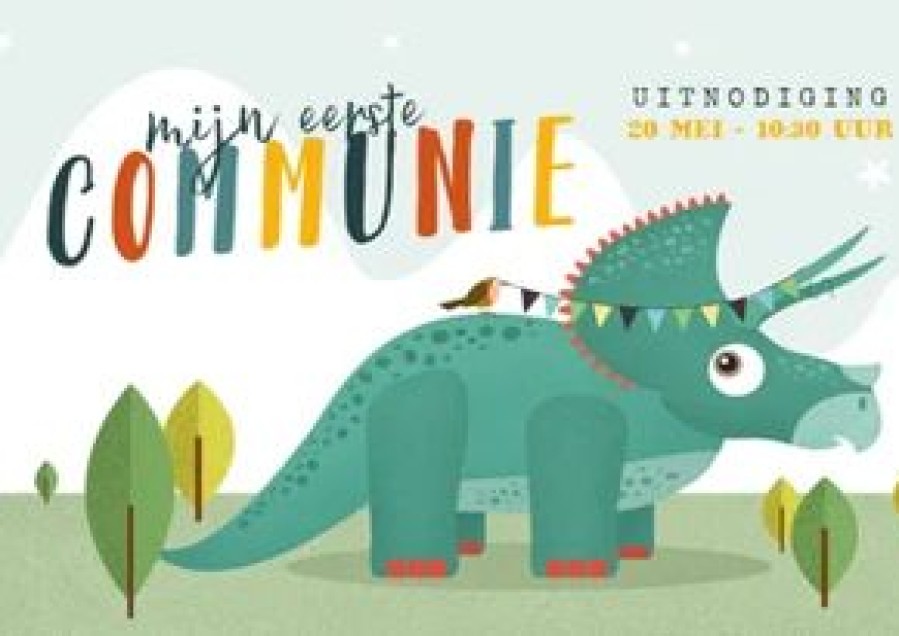 Communiekaarten | Kaarten Kaartje2go Communie Dino Triceratops Vogel Slinger