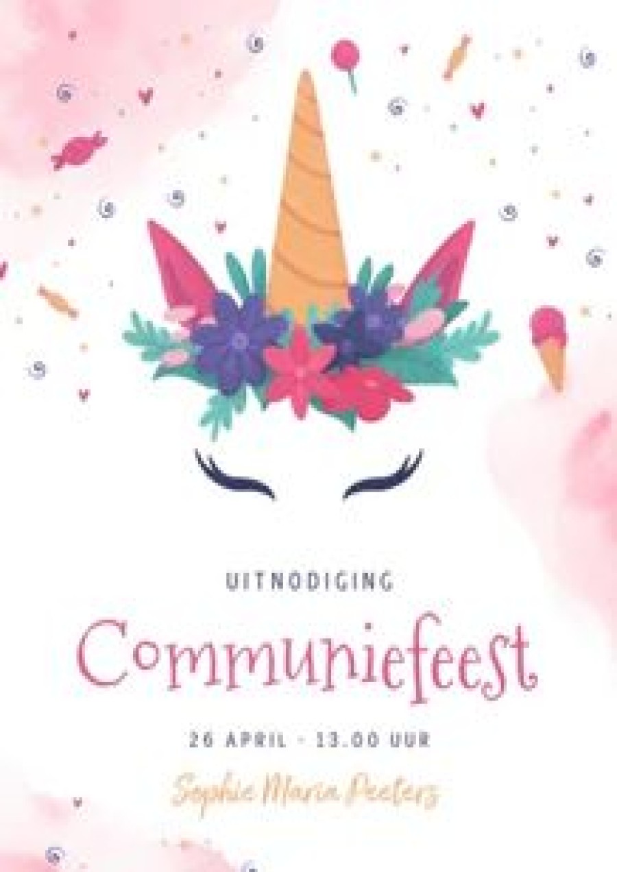 Communiekaarten | Kaarten Kaartje2go Uitnodiging Lentefeest Communie Eenhoorn Roze Magisch Snoep